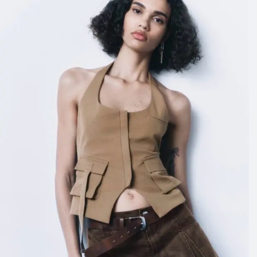 Zara Pocket Halter Vest Top Sz XS Khaki Preppy